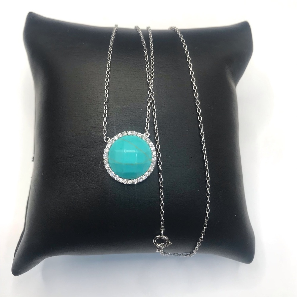 Turquoise and CZ Halo Pendant Necklace 925 Sterling silver Size 16”